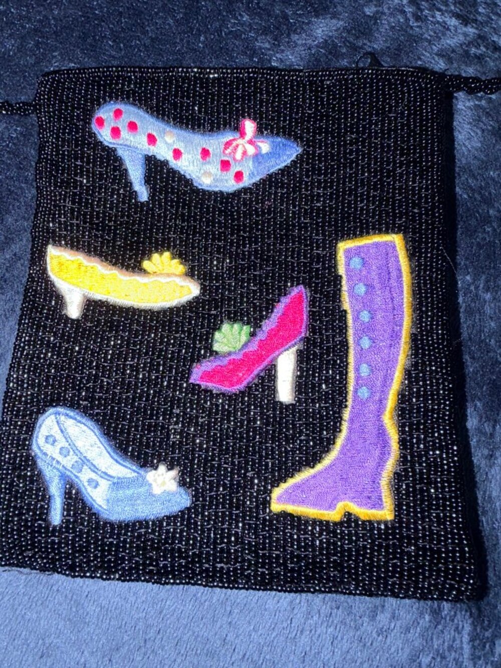 Beaded Crossbody Bag – Black with Colorful Shoe Appliqués